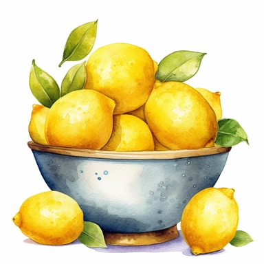 watercolor bowl of lemons clipart, vivid colors, hyper realism