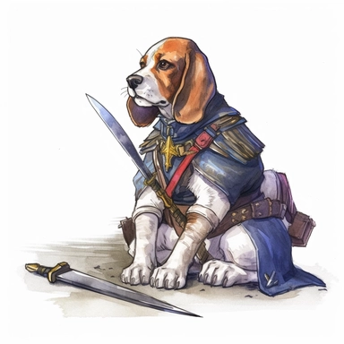 A Beagle as a rogue, sneaking through a dungeon with a dagger in hand, Watercolor, Clipart, Fantasy, sweet, cute, transparent background PNG