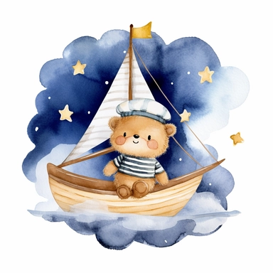 night sky clouds and a swarm of golden stars. a cute happy chibi plushie sailor bear in a striped blue and white shirt and a sailor hat, in a wooden sailboat with a white sail, sailing on fluffy clouds not sea. dreamy. prominent visible brush strokes, watercolour texture, watercolor clipart png on white background
