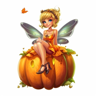 a beautiful smiling fairy girl sitting on a happy big jackolantern pumpkin in a pumpkin patch, highly detailed dress, big fairy wings, pixar style, full body image, clipart, white background, Sticker, Cutline, Vector, White Background