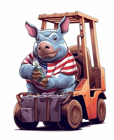 Showcasing a cartoon rhinoceros as a forklift operator, with the design featuring patriotic motifs and symbols inspired by the American flag. The overall design can appear polished and poignant, with the rhinoceros proudly operating the forklift, that can be used as a sticker, colorful, highly detailed, with a white background, in the style of Pixar clipart, and no cut off edges.