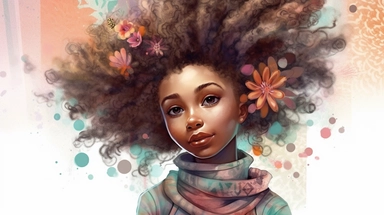 An enchanting clipart showcasing a stylish African American girl with a textured hairstyle, dressed in trendy and whimsical attire, placed against a high-resolution and grey background, presented in the form of a vibrant watercolor art piece,