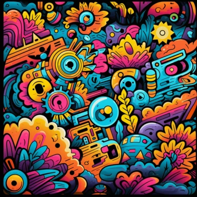 90s clipart design, doodle, Comic Sans, floral patterns, geometric shapes, lively colors, and even Nickelodeon-inspired illustrations
