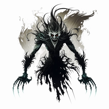 a scary banshee ghost with a sinister smile and long claws, evil, malevolent, white background, extremely high details, vector graphics, clipart, clip art, no background