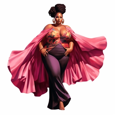 socialite black woman bods, plus size, long massive braids, full glam, fashion icon, talented and good vibes, dressy pant and couture frilly outfit, clipart, Juneteenth colors, white background