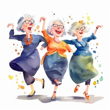 watercolor, clipart, cartoon style, funny old ladies dancing