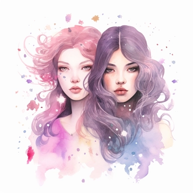 Cute zodiac sign Gemini, long hair, pastel colors, white background, fashion illustration, watercolor splash with galaxy elements, clipart, by Jack Hughes
