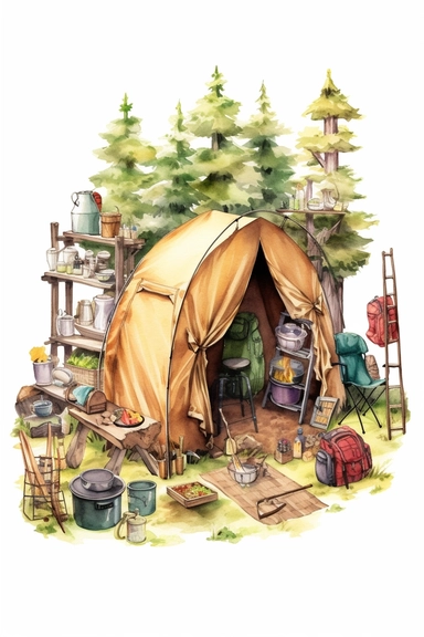create a hand drawn watercolor clipart featuring fully set up campsite with tents, campfires, camping gear, and people engaged in camping activities like cooking or relaxing, 4k,