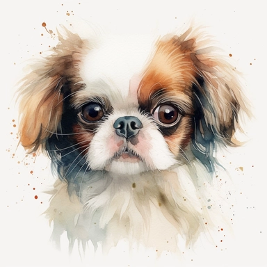cute Japanese Chin dog portrait, full face, centered shot, side shot, dynamically posed, in action, playful mood, happy mood, playing mood, cute face, adorable smile, childlike eyes, clean watercolor illustration, white background, nursery baby imagery, painting, detailed, 8k, PNG, clipart,