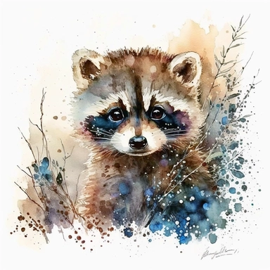 watercolor cute raccoon cub with bright blue eyes, animal illustrations, appropriation artist, aquarellist, album covers, disney animation, light maroon and light gold, precisionist art , clipart--ar 107:158