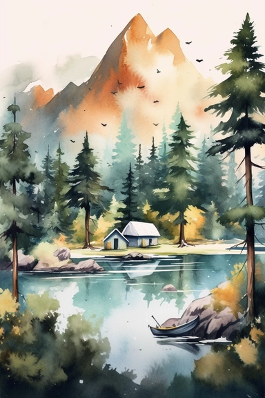 create a hand drawn watercolor Clipart of natural elements like trees, flowers, mountains, lakes, rivers, or wildlife, which can be used to enhance the overall camping scenes, 4k,