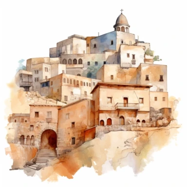 watercolor mardin town in turkiye, illustrations clipart set, simple, , cartoon elements ,different variants , historic stone houses,historic buildings, cobblestone lanes, tone facades of the buildings, Mardin's stone Alleyways separate elements with a margin
