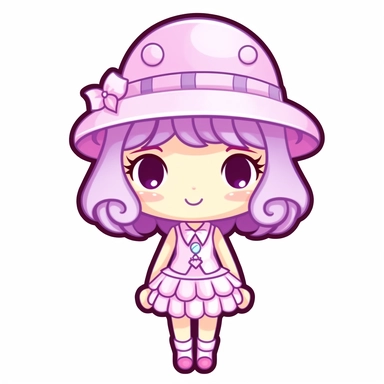 kawaii happy character in cute purple candy outfit with hat and dress, single clipart on white background, sanrio style characters, svg, eps,