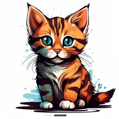 An adorable clipart design of a cute kitten with a cool and charismatic personality. The kitten is illustrated with a confident and strong appearance, showcasing its impressive physical attributes. The style of the artwork is cute and playful, with bold and vibrant colors that pop against the white background. The contour lines add depth and dimension to the image, making it a standout clipart design