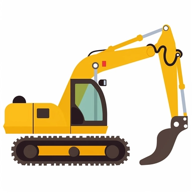 A flat yellow colored excavator clipart, from the side, no shading, side view, flat vector style for kids, isolated on a white background, in the style of simplified shapes, minimal colors, cartoon style for kids, for kids t-shirt, maximum of 5 colors, cut-out silhouettes,