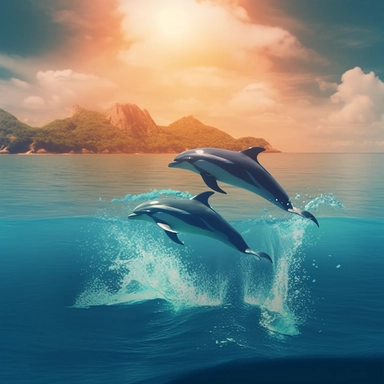 panoramic view, 2 dolphins jumping out of beautiful blue water in the far distance, sharp focus, high detail, romantic, fantasy, ethereal, illustration clipart style