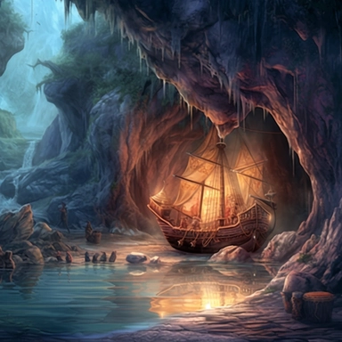realistic clipart of enchanted pirate cave, digital oil painting