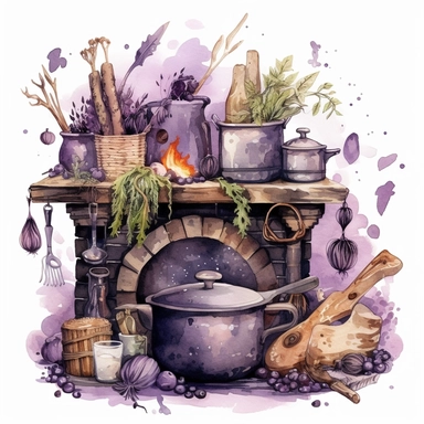 whimsical medieval witches kitchen watercolor clipart in purple green ingredients, cauldron, fireplace, herbs, candles, broom, chaotic