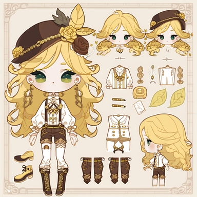character sheet, knoling, clipart, inventory catalog, cute chibi character, golden wavy long hair, long bangs, yellow-green eyes, flat chest, beautiful young boy, gothic, frill, lace shirt, high West brown shorts, yellow bird, mimosa, yellow jewelry, ribbon