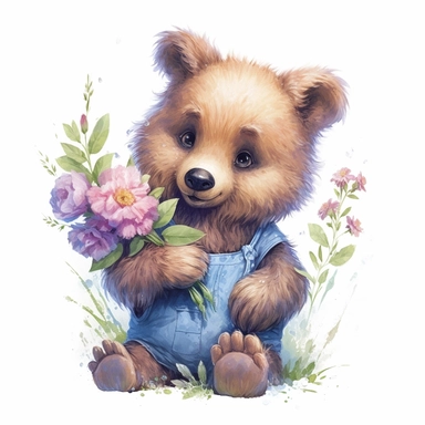 Cute Beautiful bear holding a flower Sublimation Clipart, Cartoon, hyper realistic, intricate detail, illustration style, high solution, on the white background