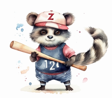 create watercolor clipart of letter Z , cute animal in baseball costumes with baseball, incredibly high detail, 16k, gorgeous, white background