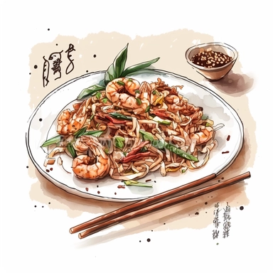 Char Kway Teow (Malaysia/Singapore): Stir-fried flat rice noodles with soy sauce, shrimp, Chinese sausage, eggs, and bean sprouts. ,watercolour sketch, plain background,clipart