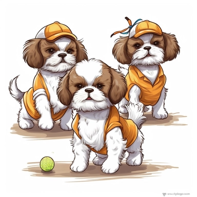 Draw a brown white shitzu puppy playing tennis in a sunny day with his friends, wearing vivid color clothes, in a spring morning, clipart white background, 32k