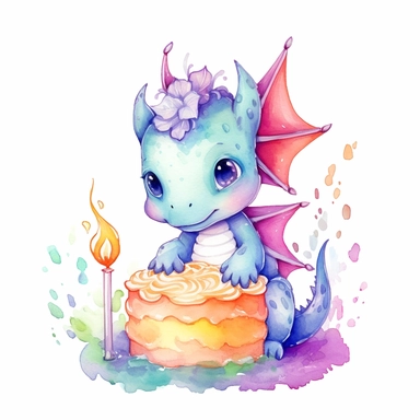 Cute happy Watercolor cake Baby Dragon Clipart, on a white background