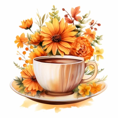 watercolor Vintage tea cup surrounded by flowers, orange yellow and brown hues, autumn vibes, clipart on a white background