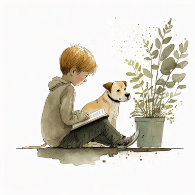 a dog sitting next to a young boy reading a book, watercolor and ink drawing, clipart, happy, gentle smile, beautiful watercolor ink wash coloring, thick pencil lines, Jon klassen, Adrian tomine, popular on etsy, watercolor illustrations clipart, watercolor illlustrations for kids and children, book illustrations, plain white background