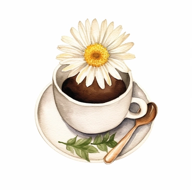basic watercolor daisy in a cup of coffee top view in minimal hand drawn style, Etsy, textured, clipart, white background