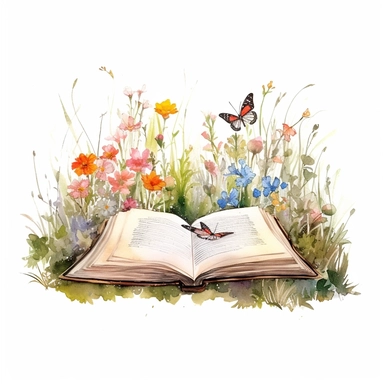 a magical old open book, beautiful watercolor flowers, greenery, grass and little butterflies between de booksides, like a brush painting, highly detailed clipart, white background