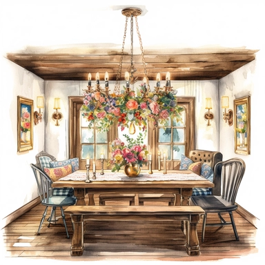 Watercolor, hyper realistic, white background, white margins, 16k, ultra detailed clipart, cut out image, hand - drawn, whimsical a cozy dining room with a large farmhouse table and bench seating, decorated with a vintage floral tablecloth and a hanging chandelier