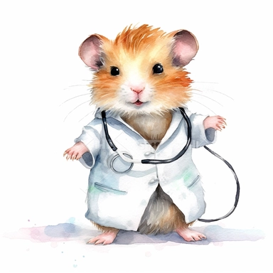 watercolor clipart, vey cute happy hamster, wearing a stethoscope and a white coat, working as a veterinarian, watercolor style, realistic, bright colors, 300 dpi, 8k, white and clear background, high solution, no watermark
