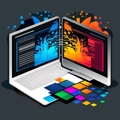 deciding between three software applications in the style of 2d clipart