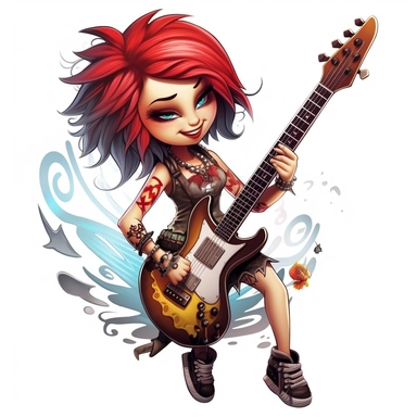 a cartoon girl fairy dressed as a punk rockstar, big wings, playing electric guitar, tattoes, smiling, full body image, pixar style, clipart