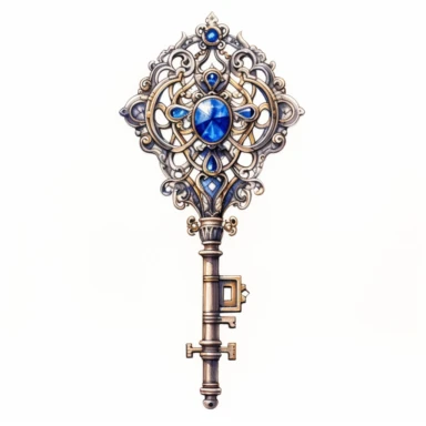 Watercolor intricate steampunk illustration of key with blue sapphire, clipart on white background, HQ, HD