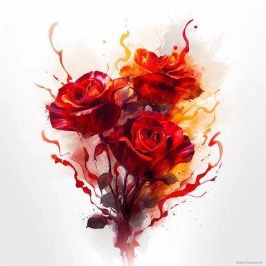red flame dipped Rose bouquet with magical effects and burning effects, clipart, hyper-realistic painting, airbrush art, richly layered, solid white background, minimalist background, in the style of ethereal illustrations, mende art, kimoicore, romantic emotivity, nouveau réalisme, rich and immersive, soft color, wedding theme