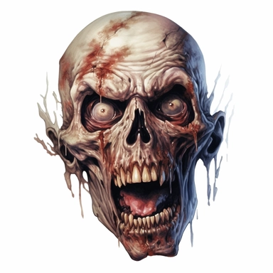 photorealistic scary evil face of a broken headed zombie looking head on, no eyes, open mouth, watercolor, ultra high-detail, dark outlines, hyperrealism, white background, clipart