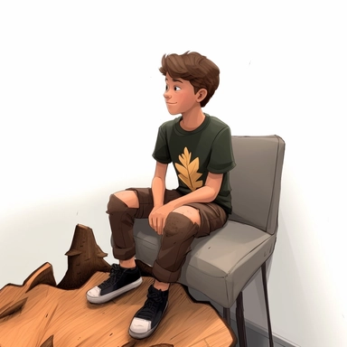 boy sitting on a log in the forest. clipart, iconography