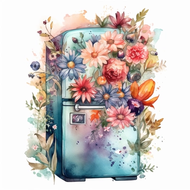 Cute Adorable magical wildflower bouquet in an old fridge, nebular mix background, clipart, photorealistic illustration, watercolor, high detail, 8k polished, 8k, vibrant colors, white background