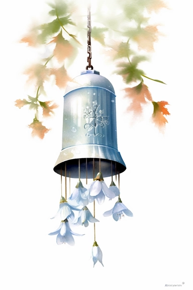 Clip art of ice Japanese Wind Bell, simple, white background, Beautiful margins, large margins, by Helen Beatrix Potter, easy to crop image, Natural light, 4k, HDR