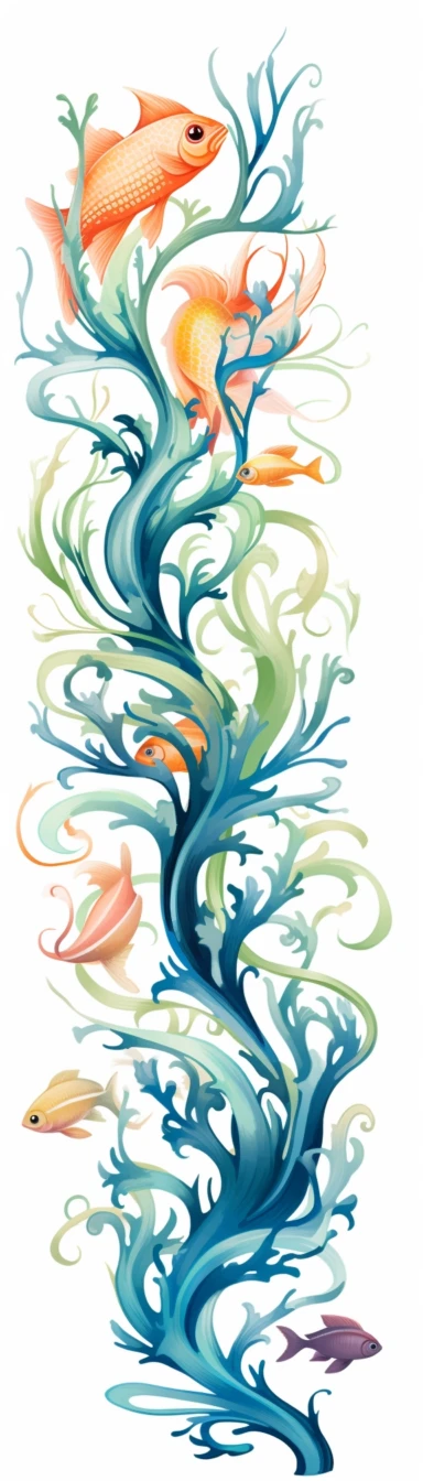 clipart — sea plant illustration, asian sea life, sea, colorful fish, watercolor, sprout, abstract style, white background, colorful curves, 32k uhd, chalk, object symmetrical, asymmetrical, seascape, seaweed, vertical format, tree