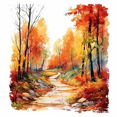 watercolor, hyper realistic, white background, white margins, 16k, ultra detailed clipart, cut out image, hand-drawn a winding pathway through a forest, with tall trees on either side displaying vibrant shades of red, orange, and yellow. Add fallen leaves on the ground to enhance the autumn atmosphere.