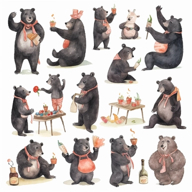 multiple poses characters of Black Bear enjoy with party in the garden, watercolor in medieval cartoon grunge style clipart on white background
