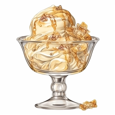 Watercolour of a toffee Ice Cream in a glass bowl , Clipart,Cartoon,hyper realistic, intricate detail isolated on a white background, high quality, sublimation, detailed, cartoon style
