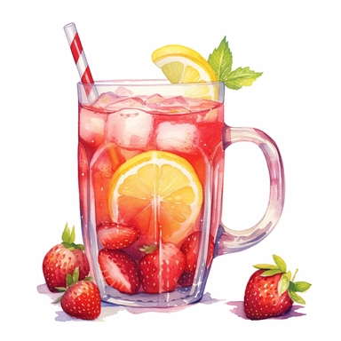 watercolor summer strawberry lemonade, in the style of Cecily Mary baker, white background, clipart