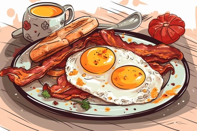 American traditional breakfast with popular products closeup delicious fried egg with bacon and pepper vector hand drawn clipart isolated on background cute illustration concept of meal food