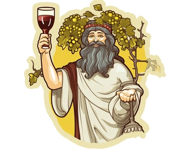 Sticker Clip Art of Sticker Clip Art of Dionysos thick God of Wine and Food, Greek Temple, mystical ancient greece background, fiest, agora, recognisable features, children friendly, illustrated in a playful style with a friendly expression, perfect for any special occasion, cut out in the shape of Dionysos, with no visible background, giving it the appearance of a high quality sticker, conveying a mystical and whimsical mood, edited with Adobe Photoshop to adjust brightness and contrast, render