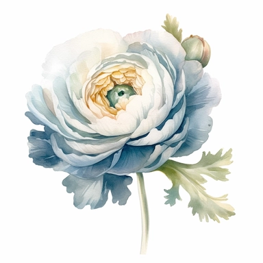 One Dusty blue and white ranunculus flower, big blooms, with muted green whispy foliage with gold flicks, elegant and beautiful floral clipart for wedding invitations, delicate, watercolor, oil painting, defined edge on white background